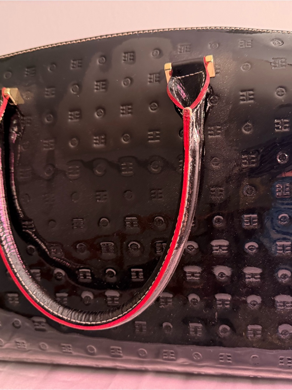 Arcadia. Black Patent Tote Bag with Red Trim